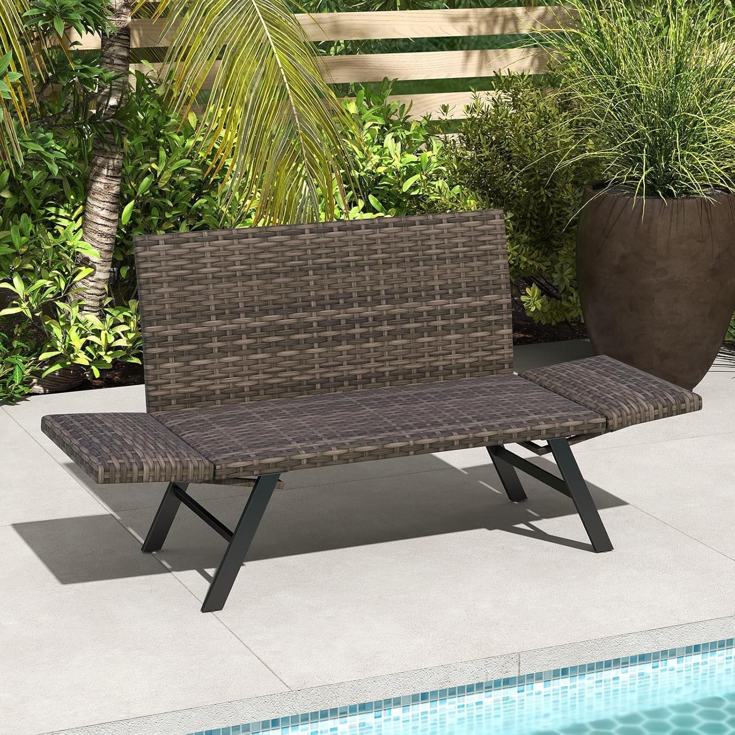 Convertible Rattan Daybed Sofa Lounger with Adjustable Arms for Patio