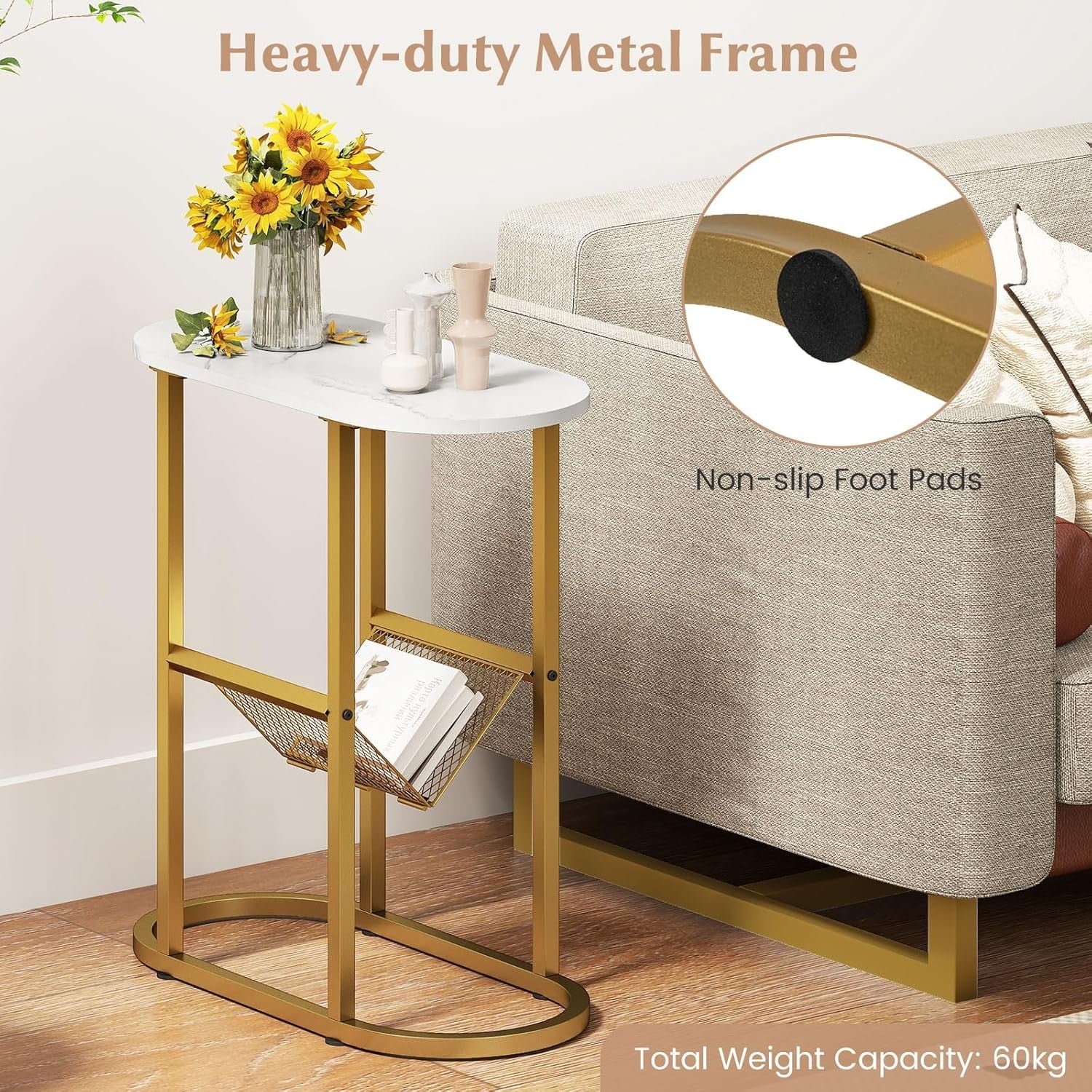 Slim Marble Oval Side Table with Shelf & Magazine Holder for Sofa & Bed