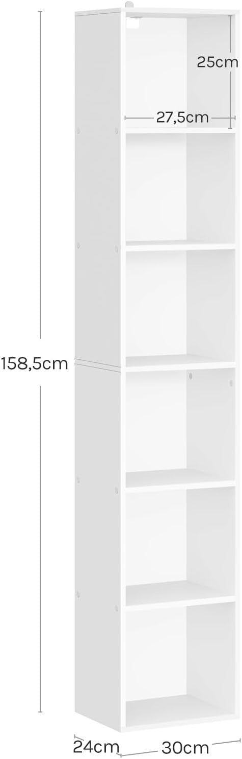 White 6 Cube Bookcase Tall Narrow Storage Shelf Unit for Bedroom or Office