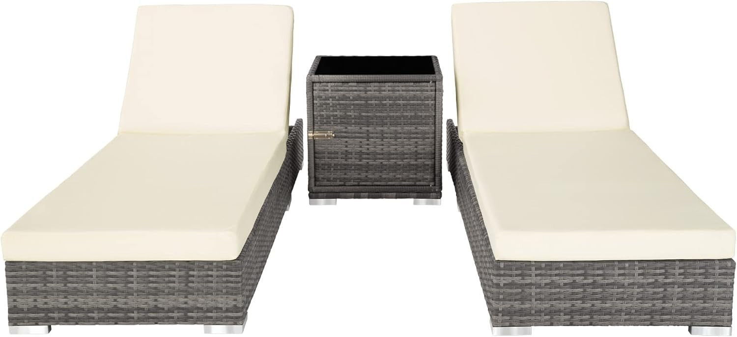 Rattan Sun Loungers Set w/Table Cushions Covers – Reclining Garden Chair