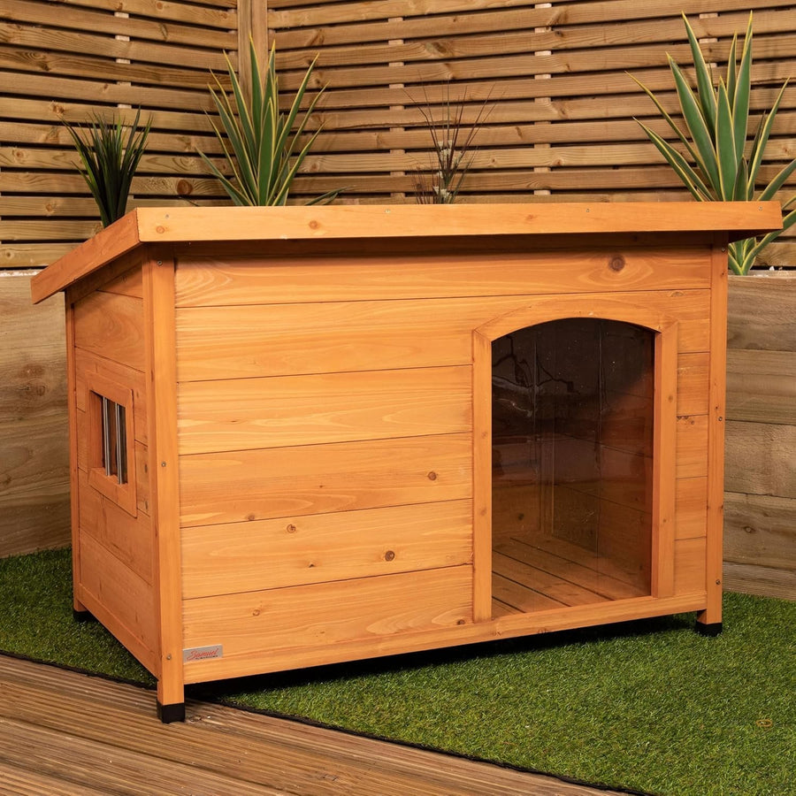 Medium Wooden Outdoor Dog House Kennel with Window, Insulated PVC Door 72x104cm