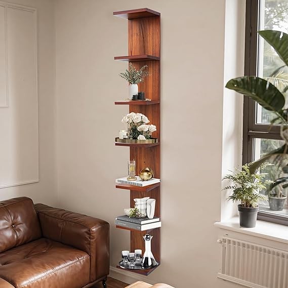 7 Tier Vertical Wall Shelf Slim Wood Display Unit Tall Storage Tower Walnut