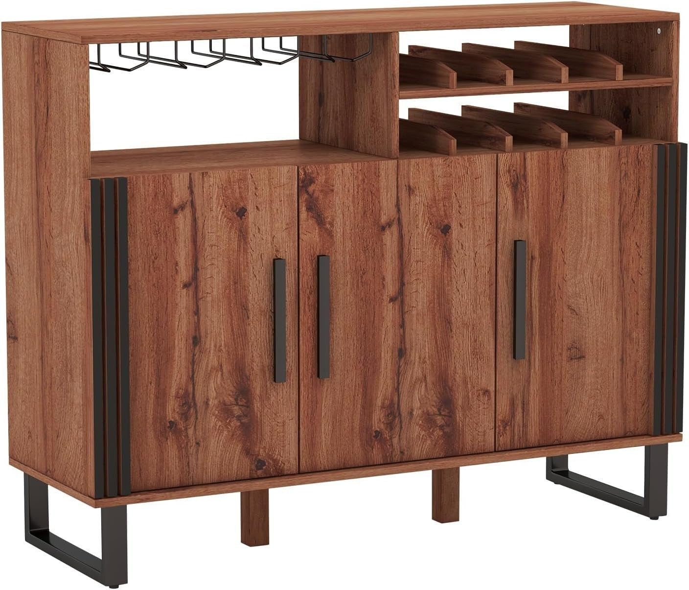 Large Wooden Wine Bar Sideboard Cabinet with Wine Rack & Glass Holder, Rustic