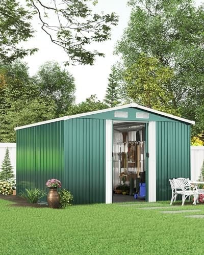 Lockable 10x8 FT Metal Garden Shed with Base Outdoor Storage House