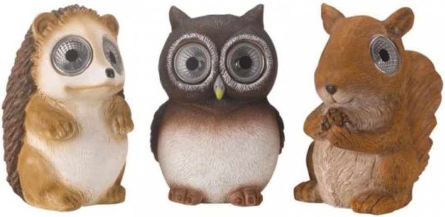 Solar Garden Animal Lights 3-Pack • Owl Hedgehog Squirrel • Outdoor