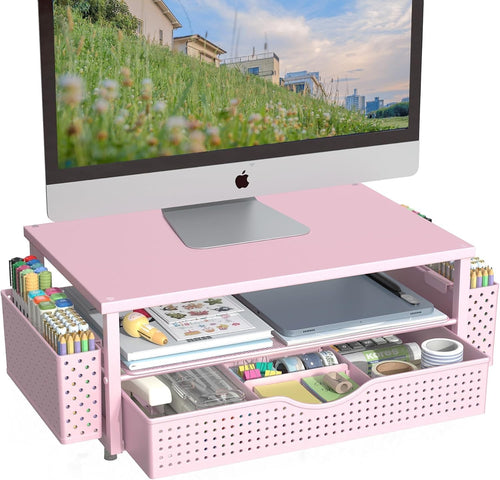 Wood & Steel Monitor Stand Riser with Drawer & Pen Holders – Desk Organizer Pink