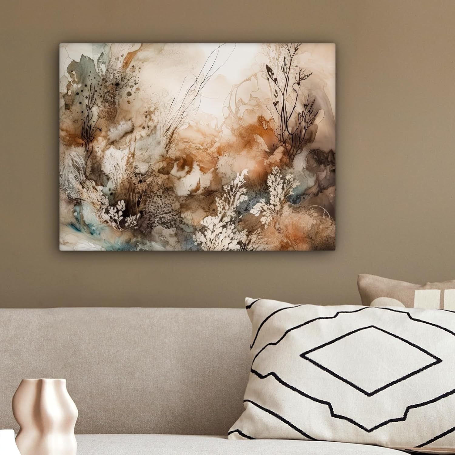 Abstract Floral Canvas Wall Art 40x30cm Framed Beige Print