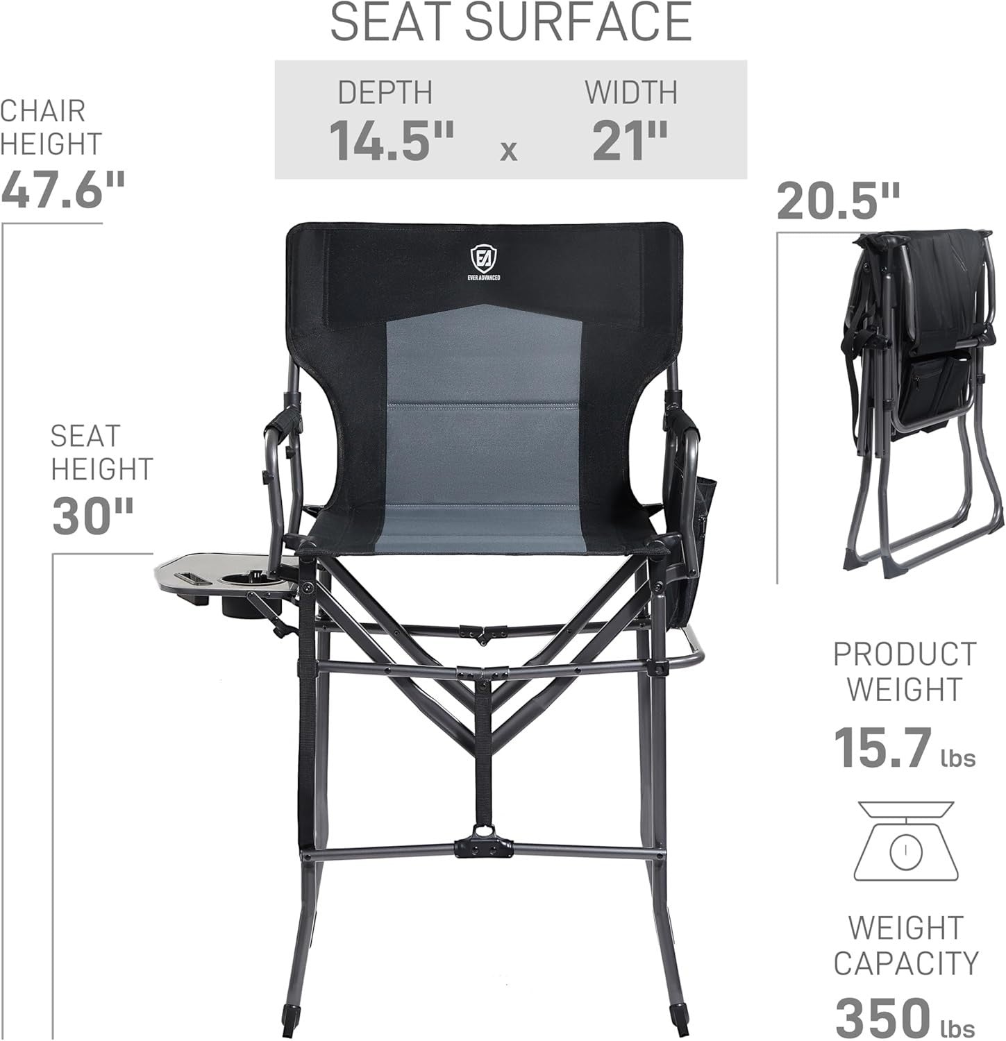 Tall Folding Camping Chair with Side Table & Storage Pockets, 160KG Load