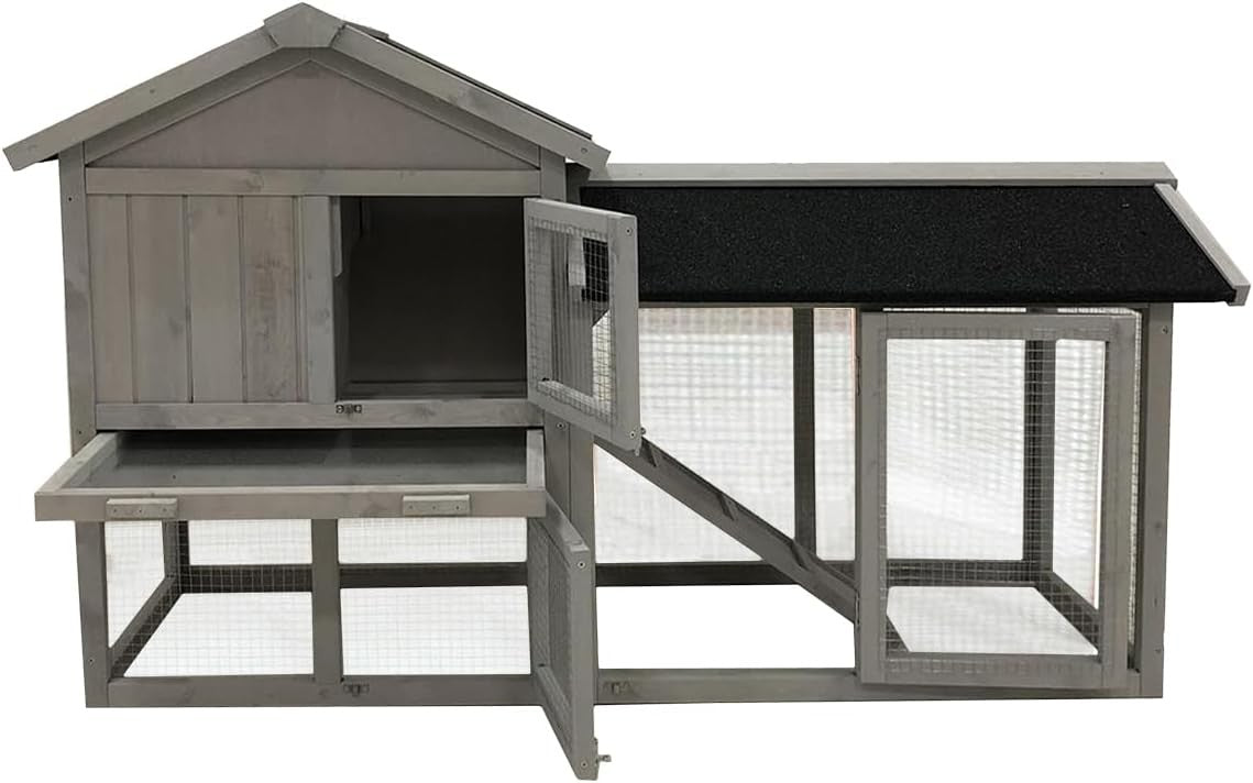 Large Rabbit Hutch with Run Outdoor Grey 2 Tier Wooden Ramp Waterproof