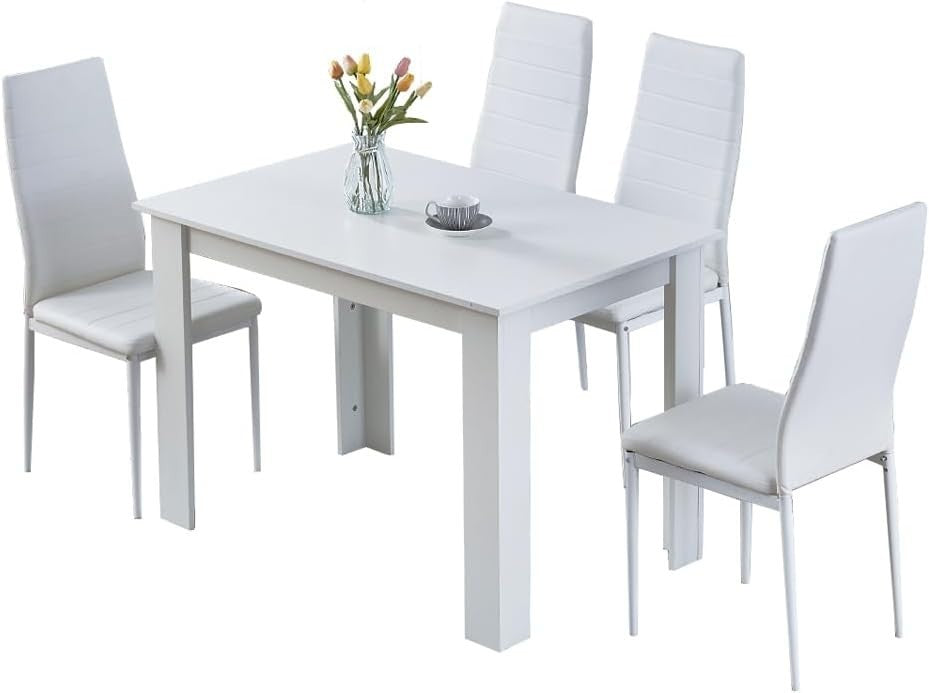110cm White Dining Table Set + 4 Faux Leather Chairs Modern Kitchen