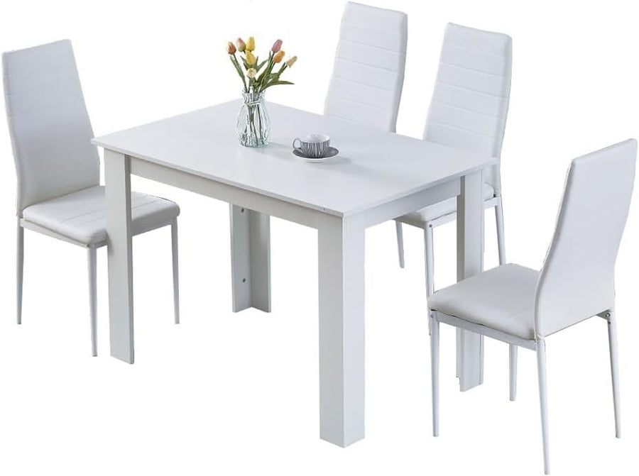 110cm White Dining Table Set + 4 Faux Leather Chairs Modern Kitchen