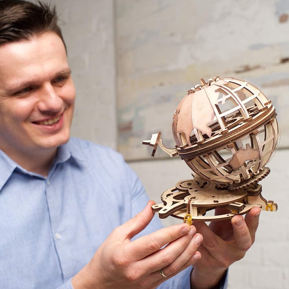 3D Wooden Earth Globe Puzzle Kit with Rotating Satellites - 184 Pieces