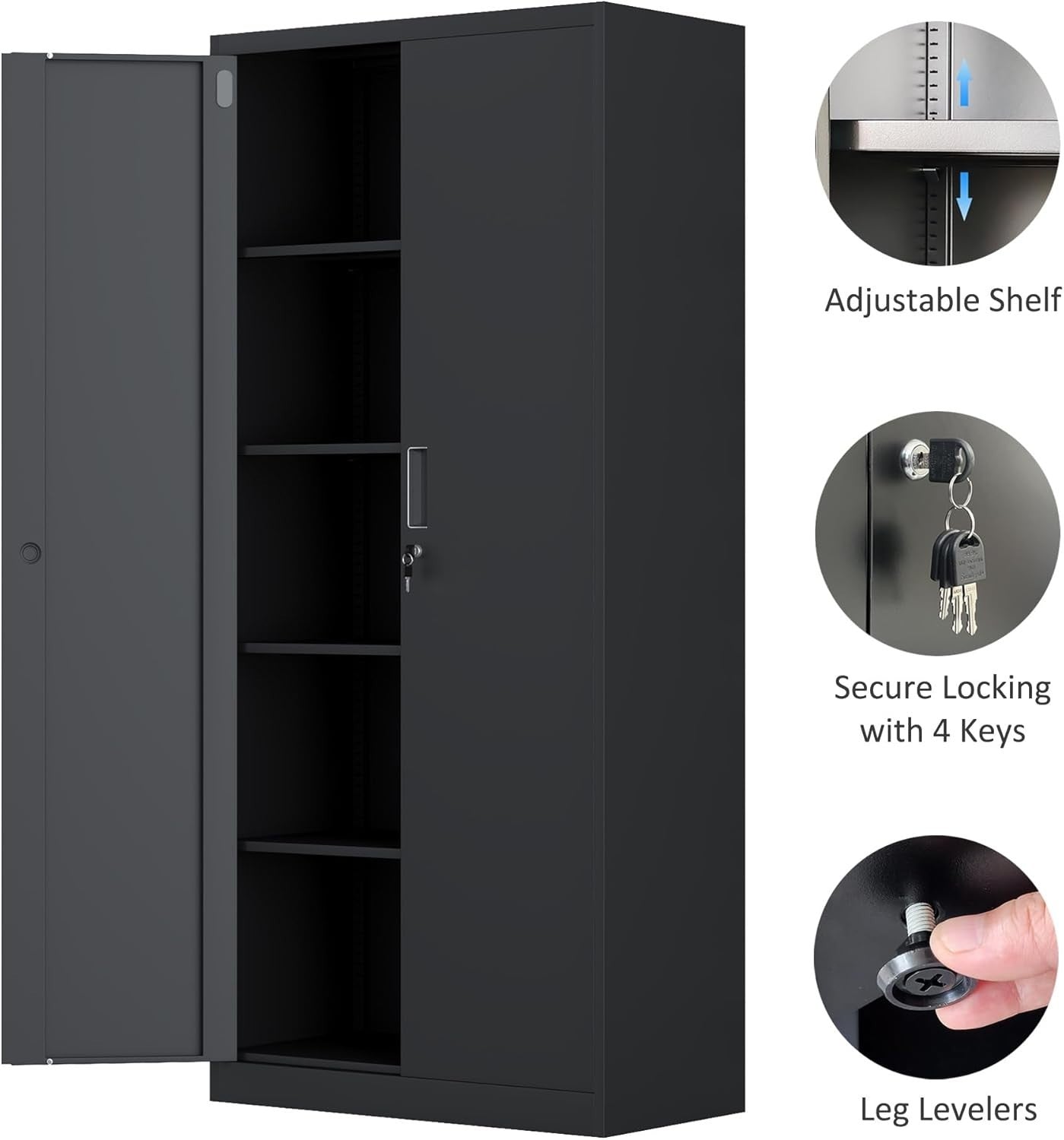 Lockable Steel Storage Cabinet with Shelves, 180cm Tall Metal Cupboard
