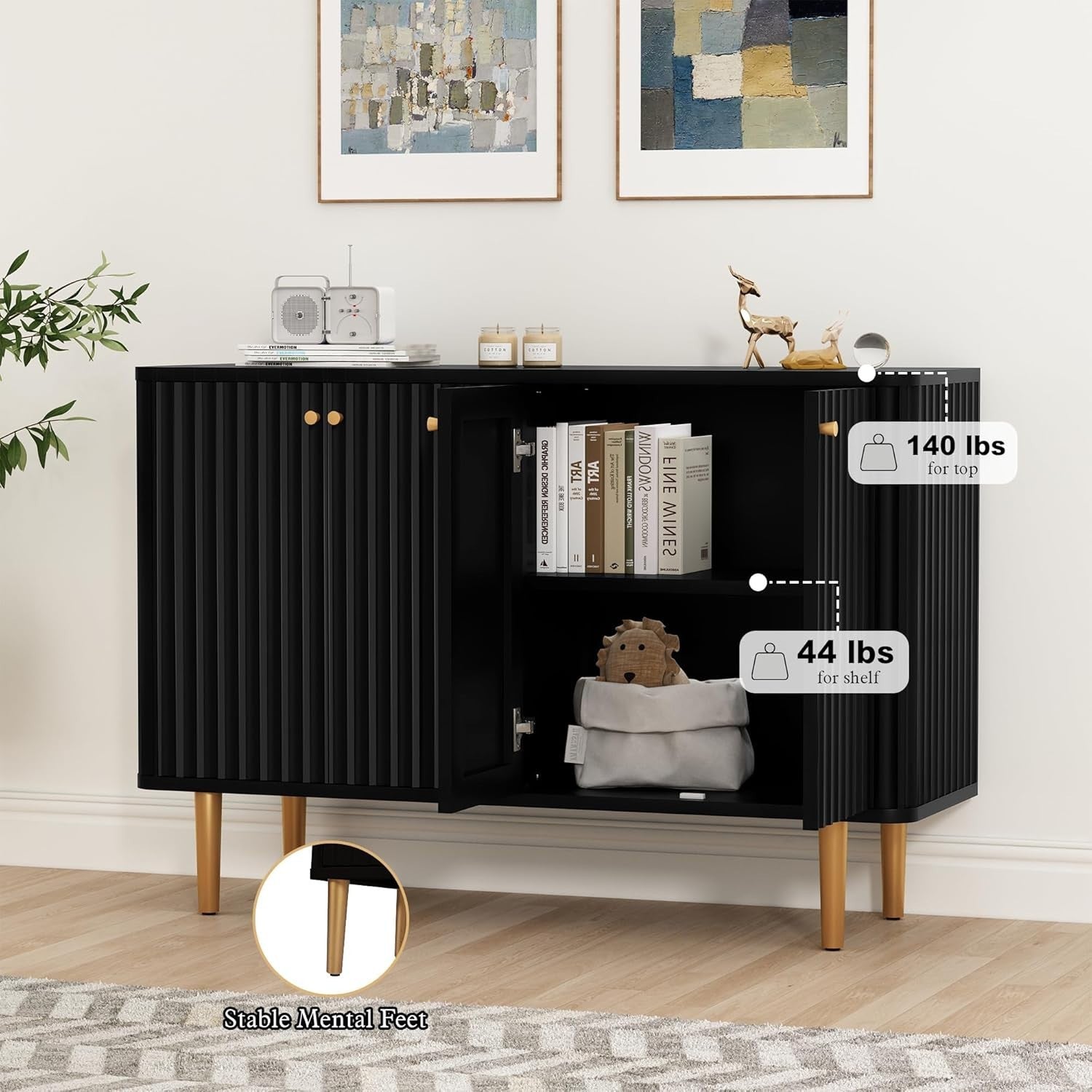 Modern 4-Door Buffet Sideboard Cabinet with Gold Accents & Ample Storage