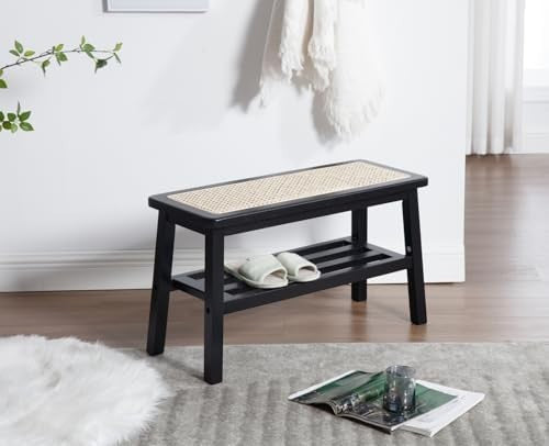 Black Mid-Century Rattan Dining Bench Ottoman with Storage Seat