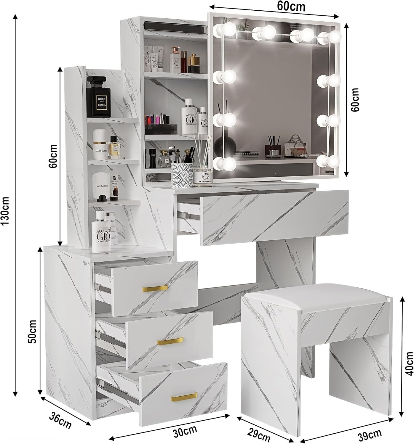 Wood Makeup Vanity Desk w/LED Light Mirror 3 Drawers Open Shelves Dressing Set