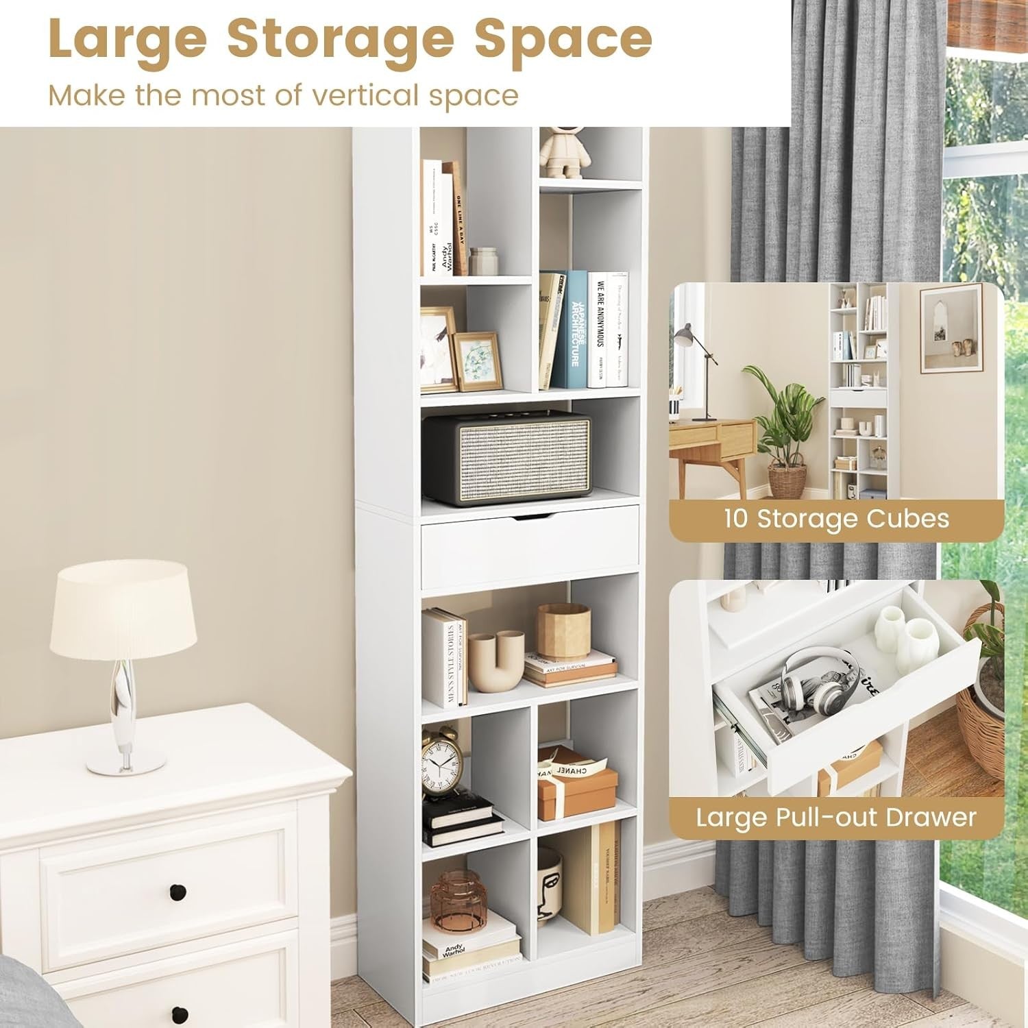 Tall Geometric Bookshelf with Drawer, 180cm Modern Display & Storage Unit