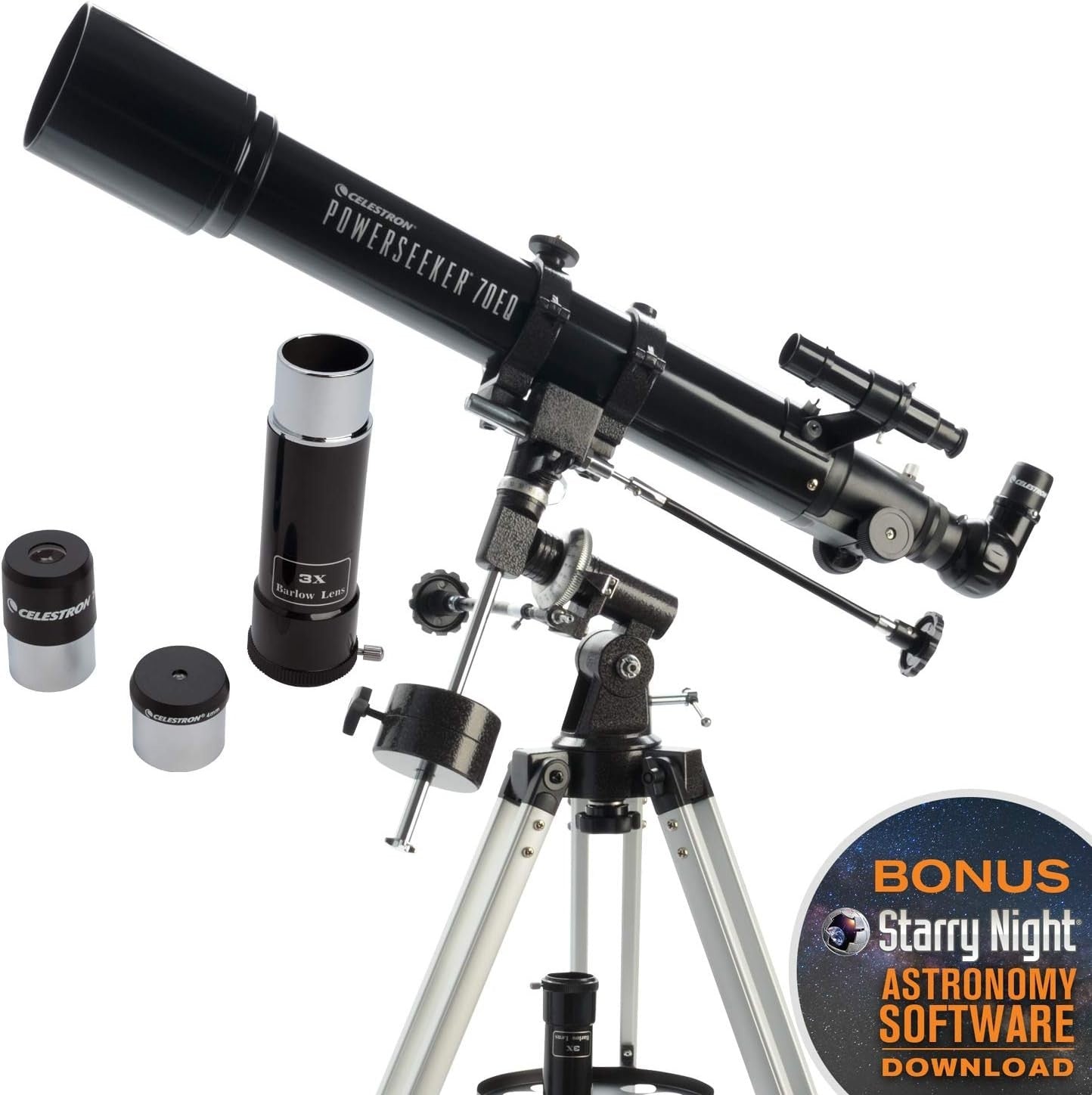 70mm Refractor Telescope with 2 Eyepieces, Barlow Lens & Tripod, Black