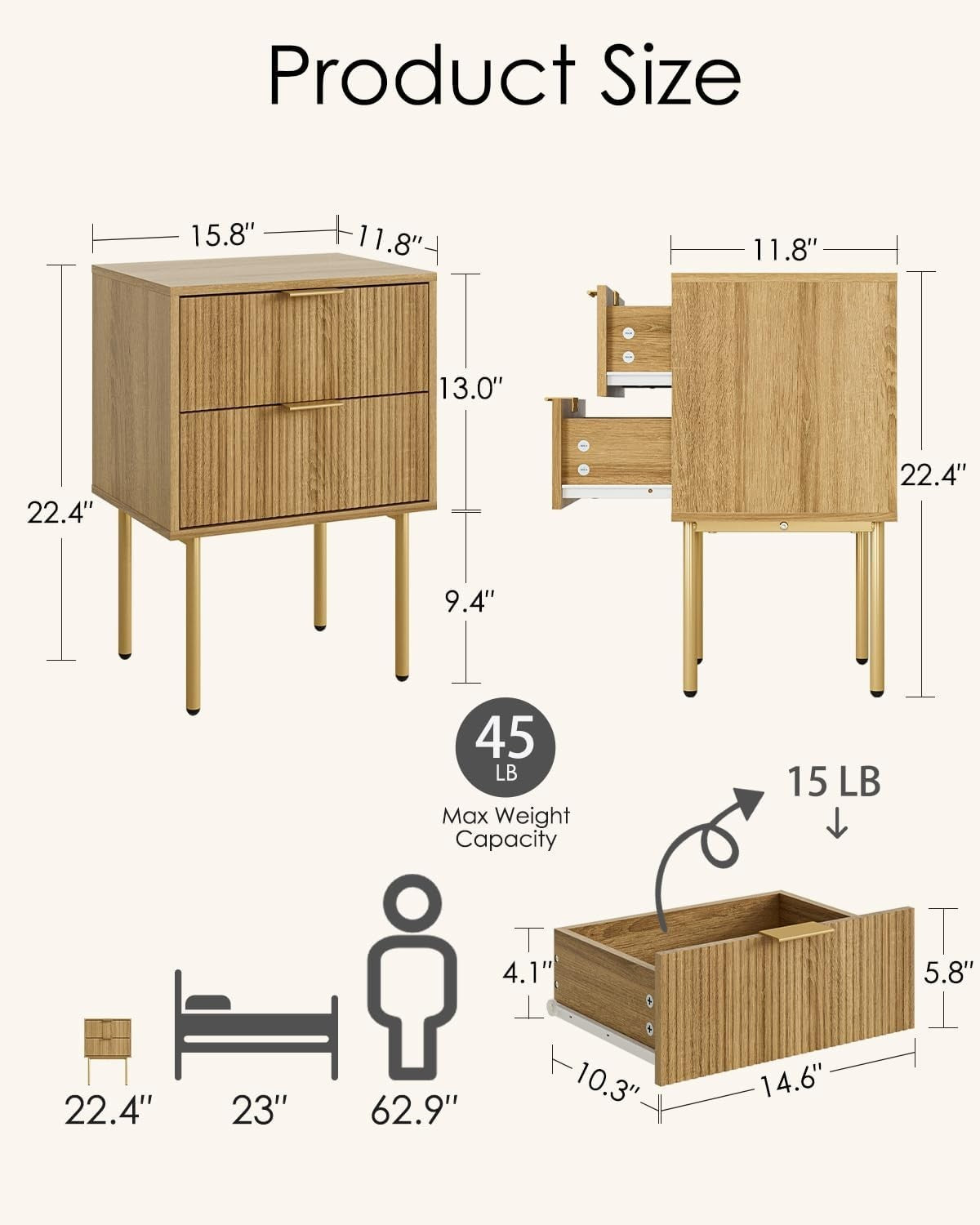 Modern Oak Bedside Table with 2 Drawers & Gold Legs | Wooden Nightstand