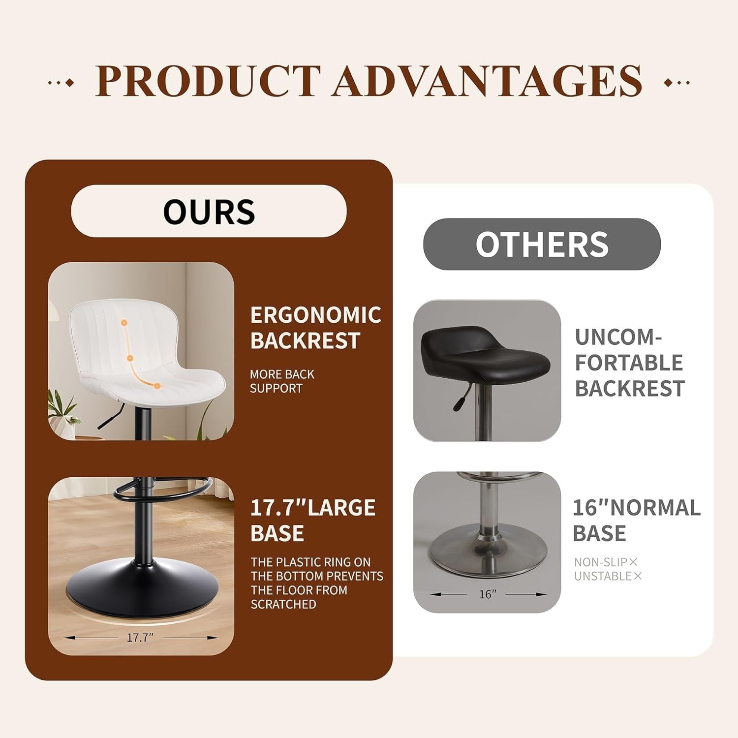 Beige PU Leather Bar Stools Set of 3 Adjustable Kitchen Counter Chairs