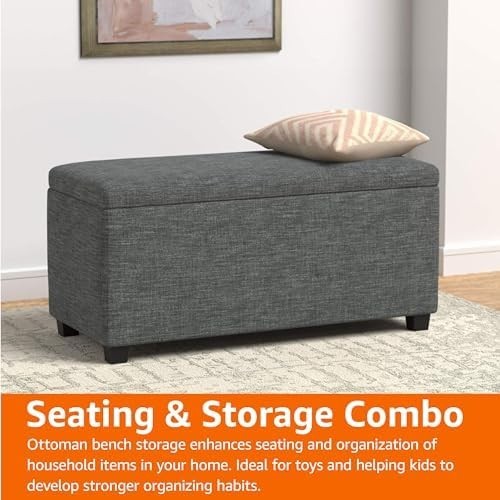 Dark Grey Upholstered Storage Ottoman Bench Soft Close Lid Linen Fabric 90x42x43
