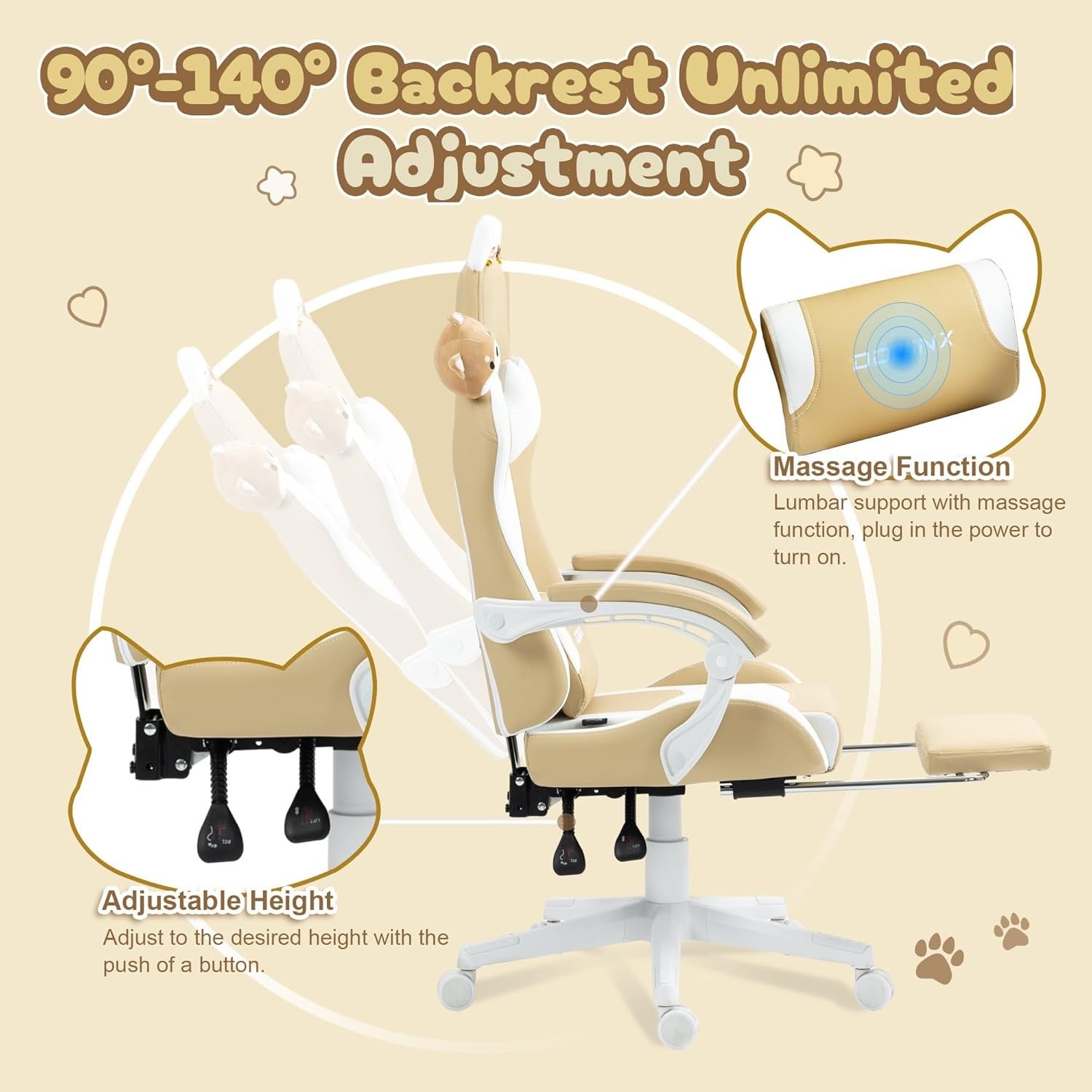 Cute Dog Ear Gaming Chair Massage Lumbar Footrest 290lbs Brown