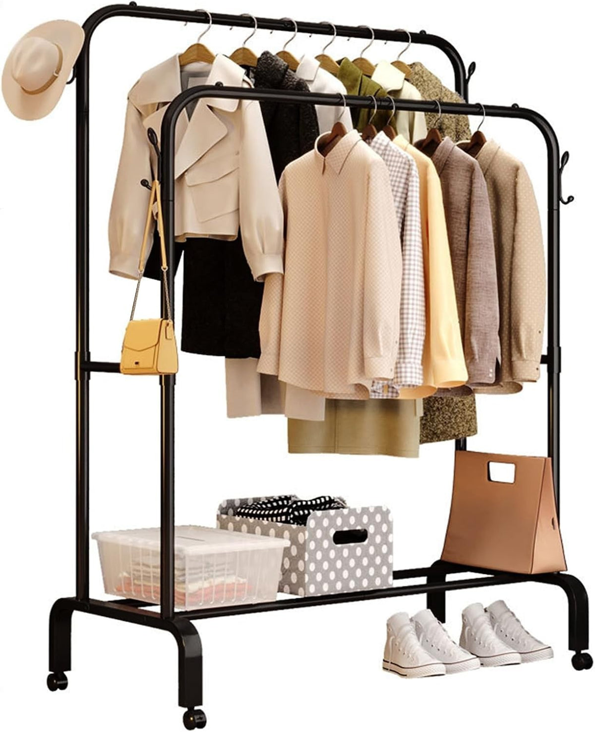 Heavy Duty Double Clothes Rail with Shelf & Wheels – Black