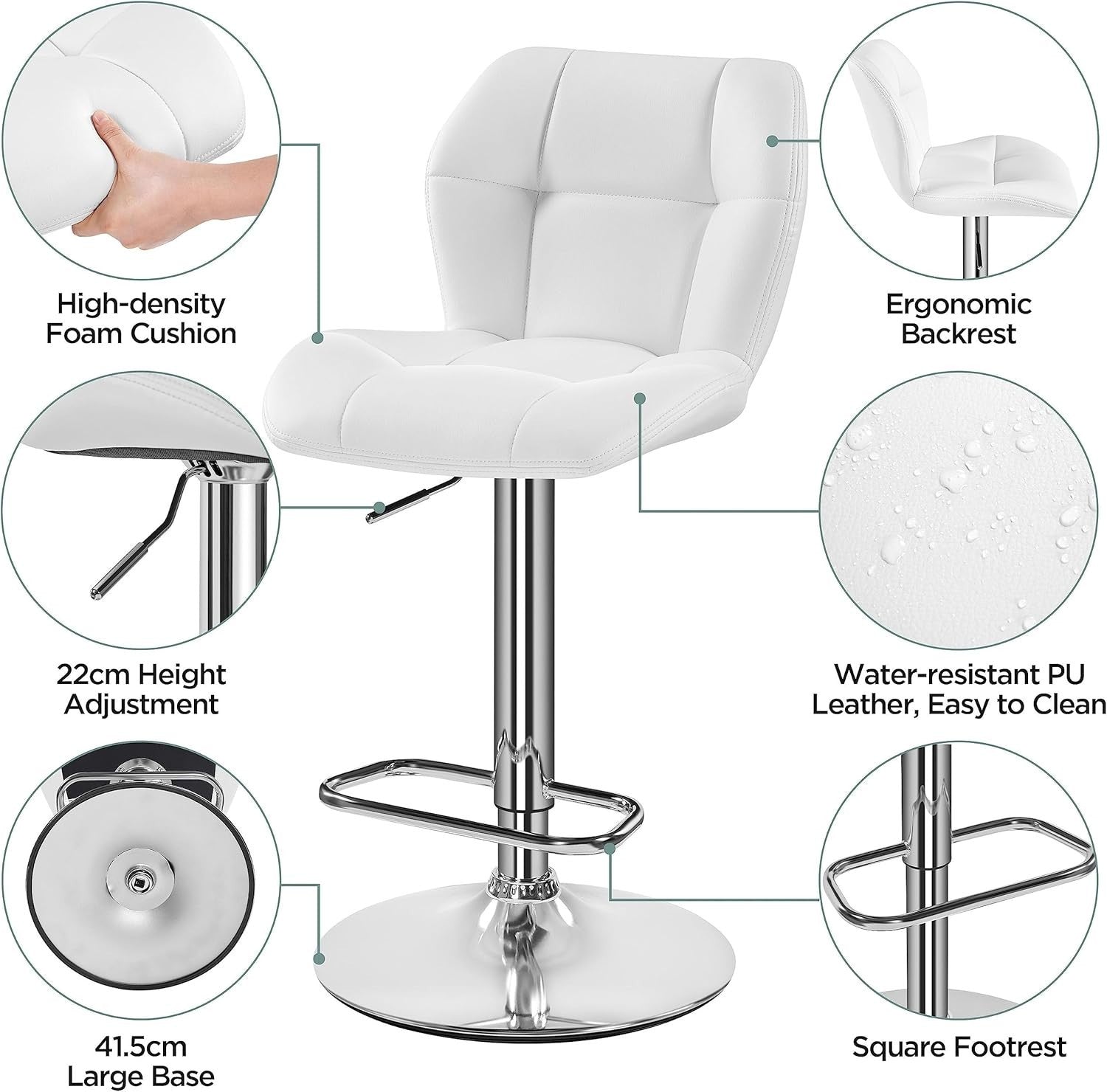 Adjustable White PU Leather Bar Stools Set of 4 – Swivel Counter Chairs