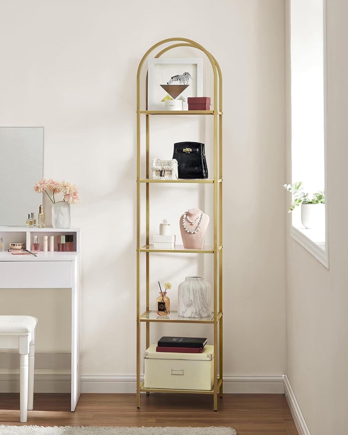 5-Tier Gold & Glass Shelving Unit Tall Arched Display Rack for Modern Homes