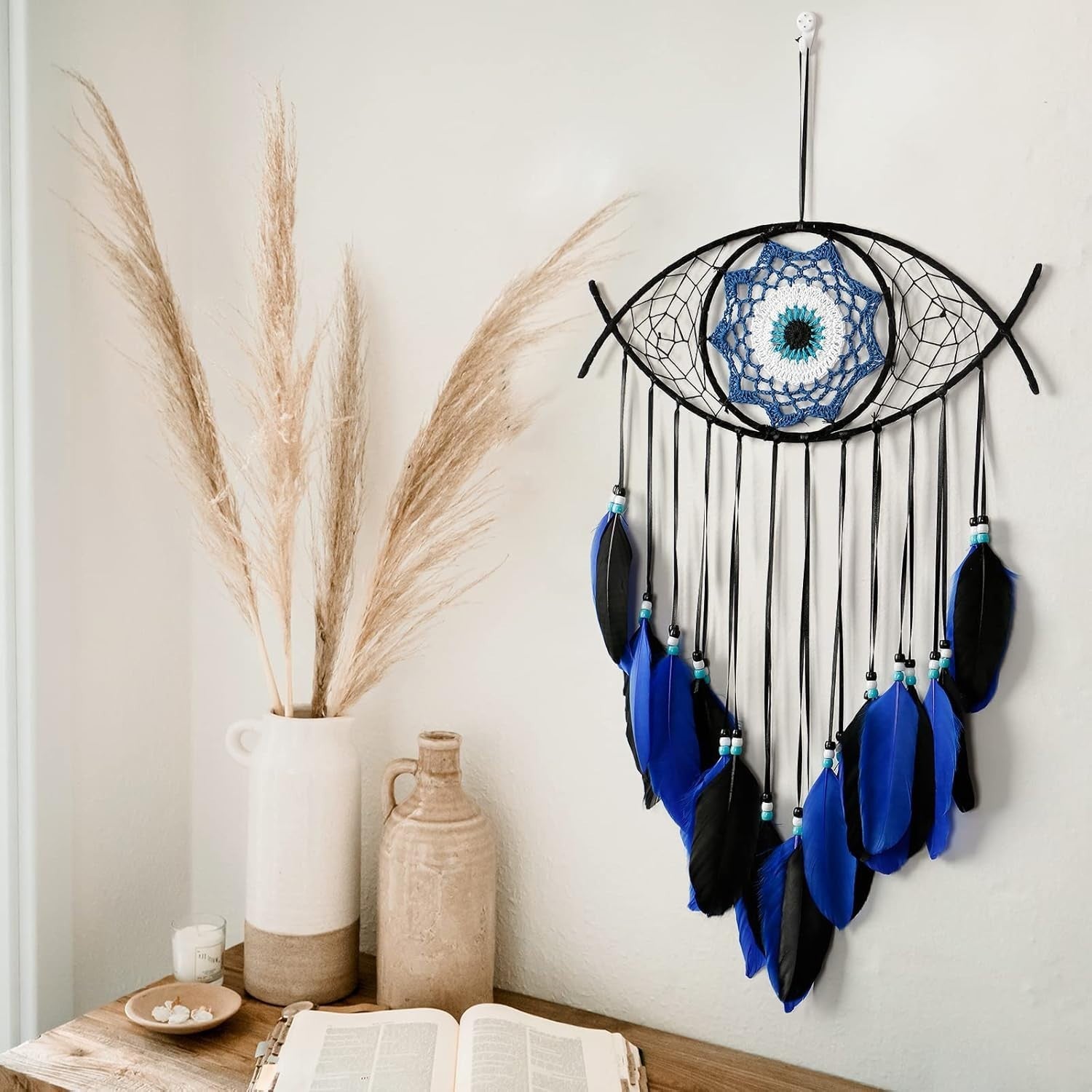 Boho Evil Eye Dream Catcher Blue Macrame Wall Hanging Decor