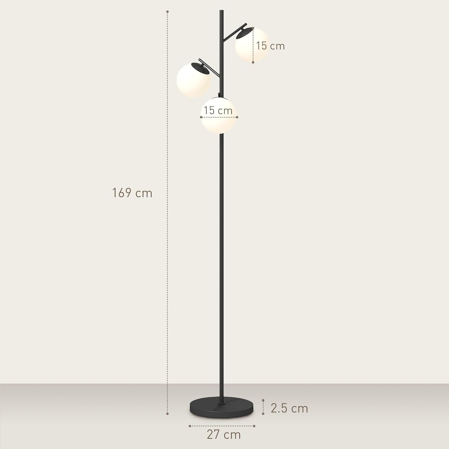 3 Light Tree Floor Lamp Black Modern Standing Lamp Globe Shades Living Room