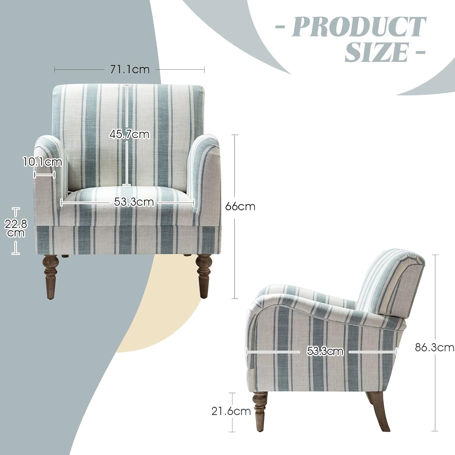 Striped Upholstered Armchair with Wooden Legs for Lounge or Bedroom Blue