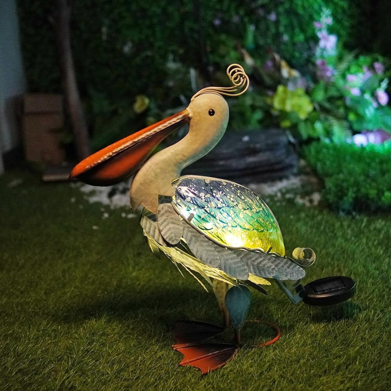 Solar Pelican Garden Ornament Metal LED Light Outdoor Patio Decor 17" Coastal