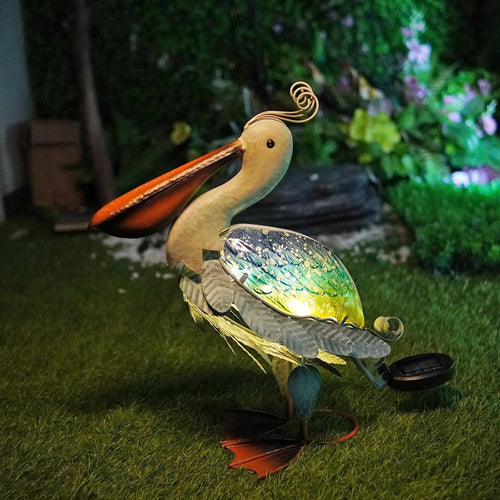Solar Pelican Garden Ornament Metal LED Light Outdoor Patio Decor 17" Coastal
