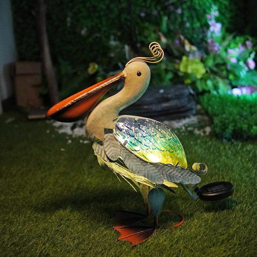 Solar Pelican Garden Ornament Metal LED Light Outdoor Patio Decor 17" Coastal