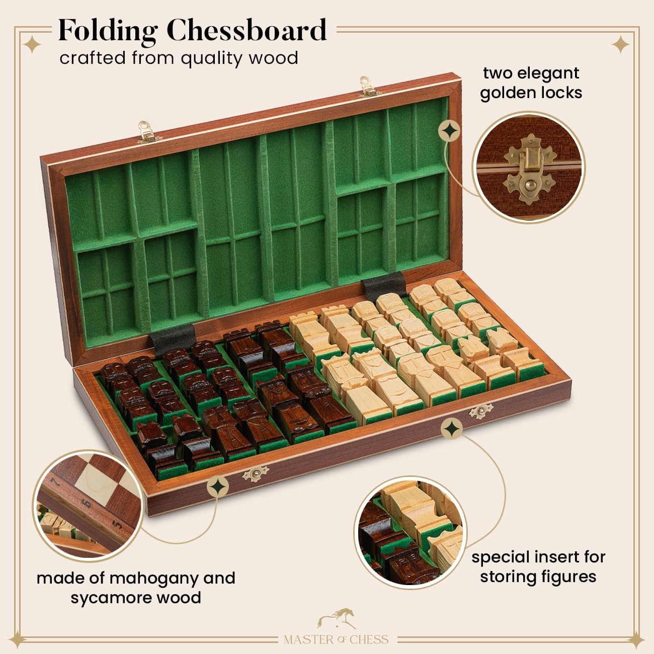 50cm Deluxe Hand-Carved Wooden Chess Set | Inlaid Folding Board & Sculpted Piece