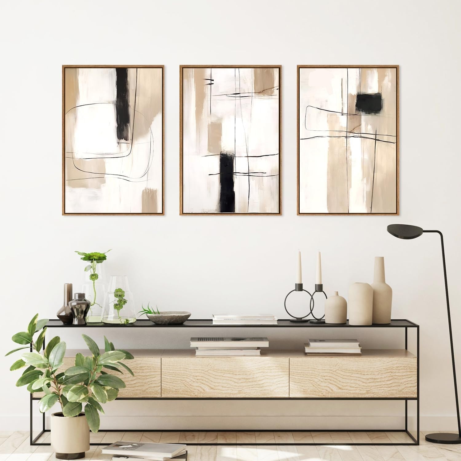 Abstract Yellow Grey Canvas Wall Art Set 3 Framed 30x40cm