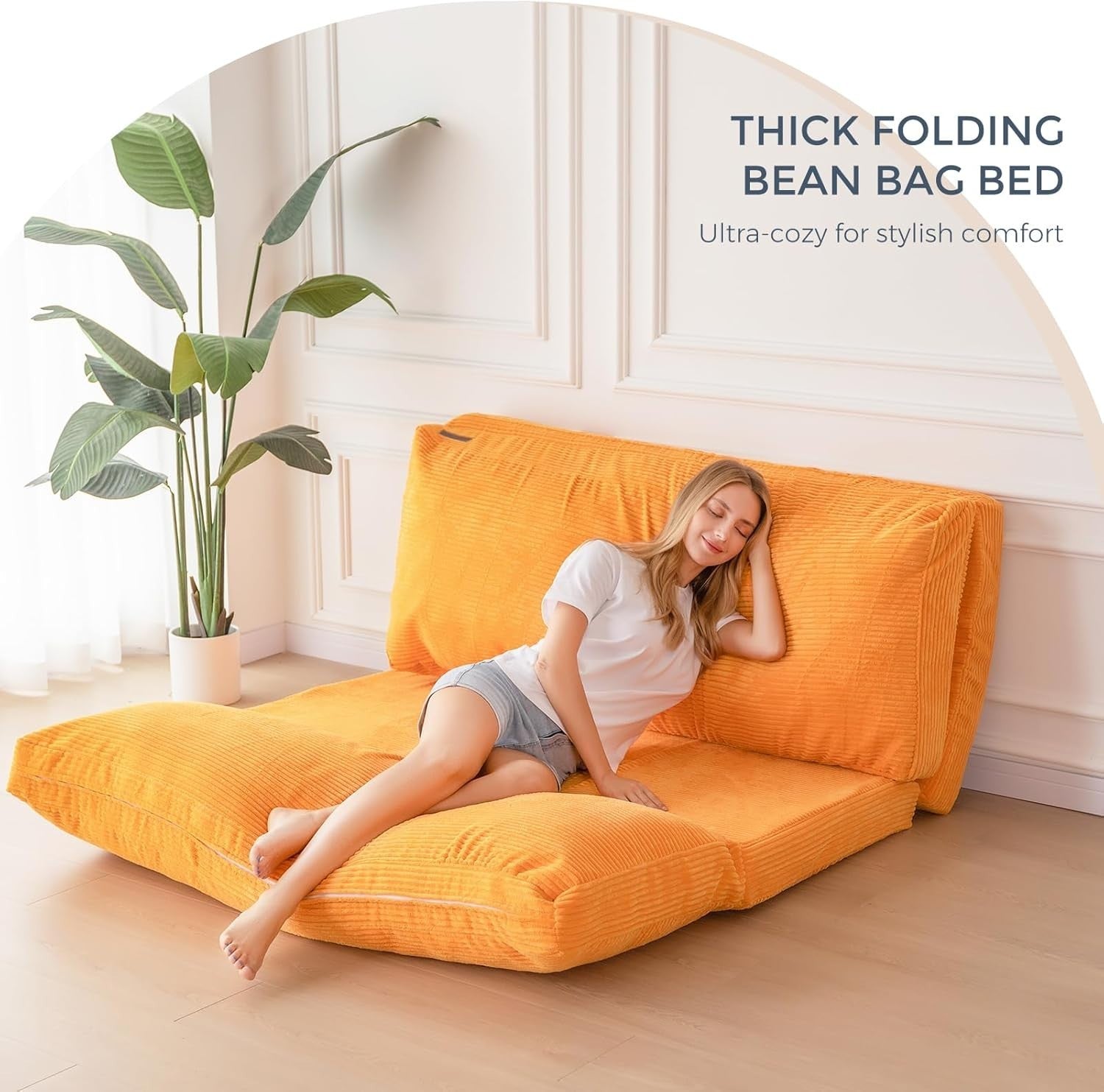 Orange 4 Fold Floor Sofa Bed Chair Washable Corduroy Lounger 75x240cm