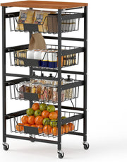 5 Tier Rolling Storage Cart Kitchen Trolley Mesh Baskets Wooden Top