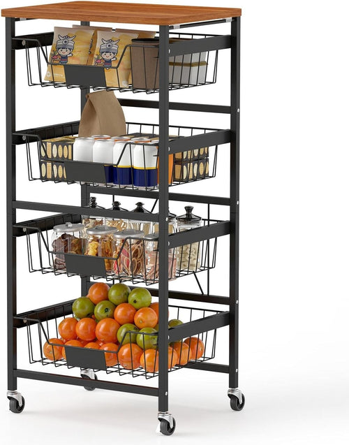 5 Tier Rolling Storage Cart Kitchen Trolley Mesh Baskets Wooden Top