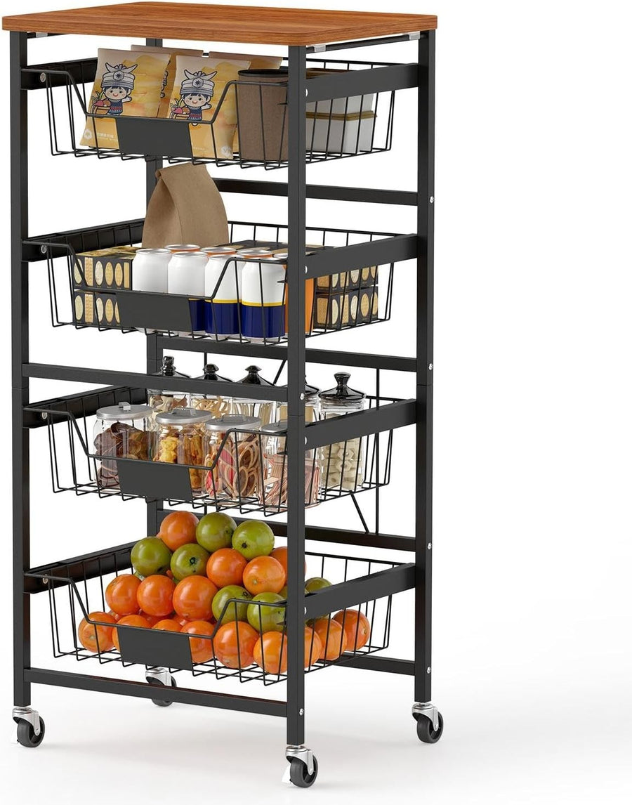 5 Tier Rolling Storage Cart Kitchen Trolley Mesh Baskets Wooden Top
