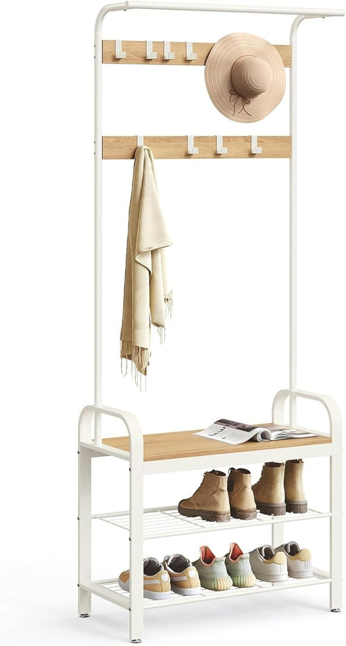 Oak & Cream Coat Rack with Shoe Bench | 4-in-1 Hallway Storage Unit with 9 Hooks