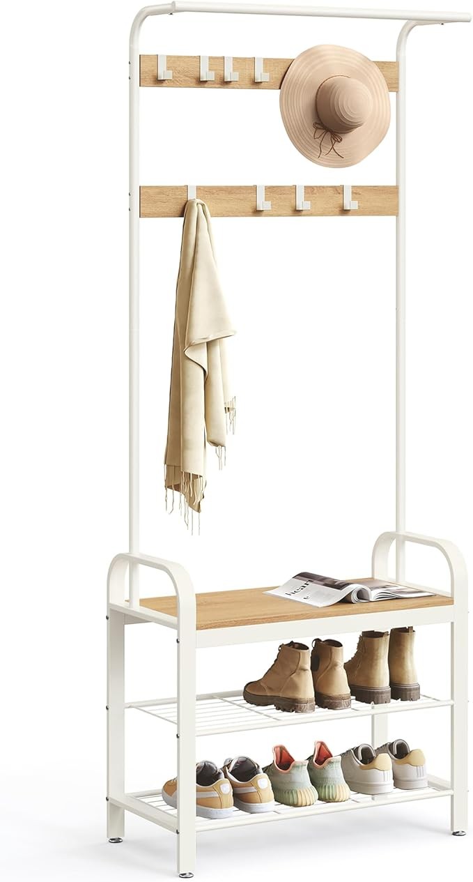 Oak & Cream Coat Rack with Shoe Bench | 4-in-1 Hallway Storage Unit with 9 Hooks