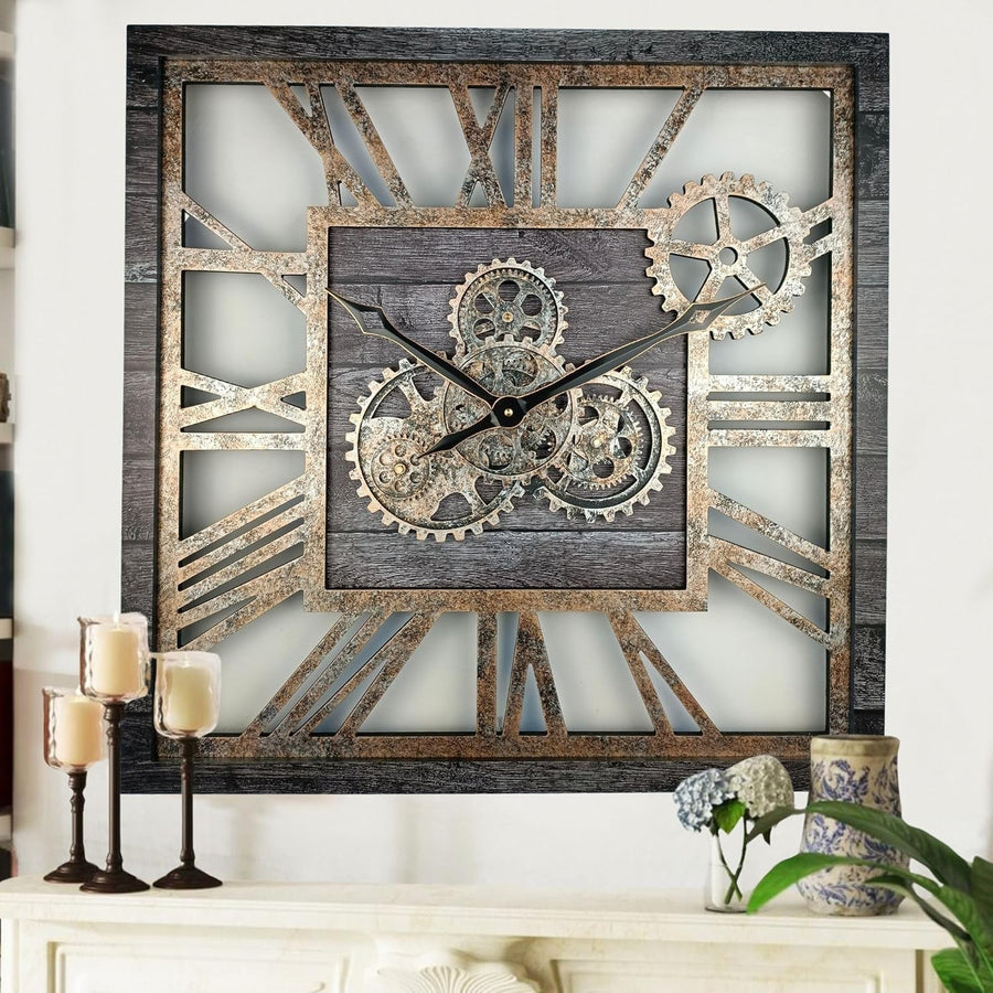 Oversized 24" Gear Wall Clock Square Carbon Grey Vintage Industrial Decor