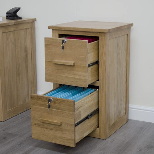 Solid Oak 2 Drawer Filing Cabinet Lockable A4 Home Office