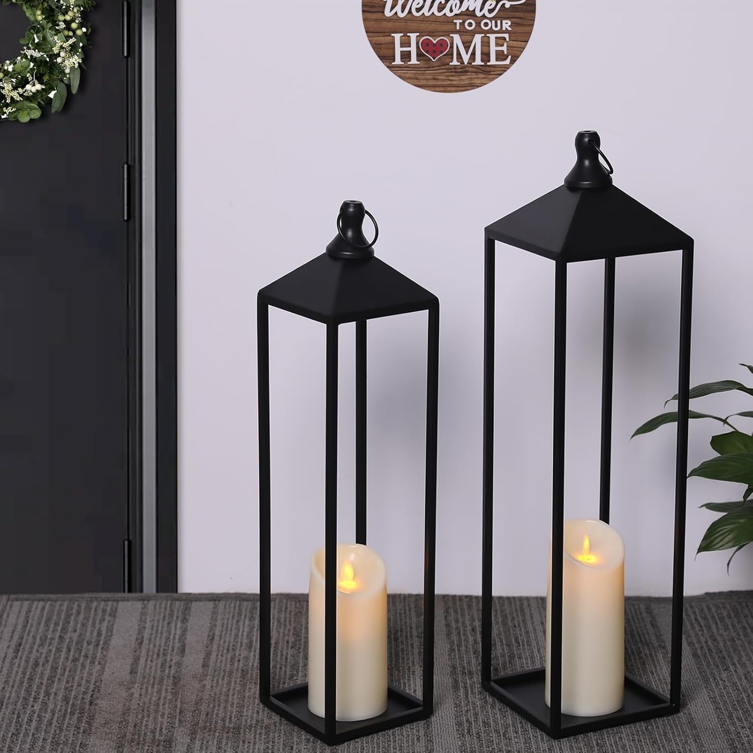 2 Pack Large Black Metal Candle Lanterns Outdoor