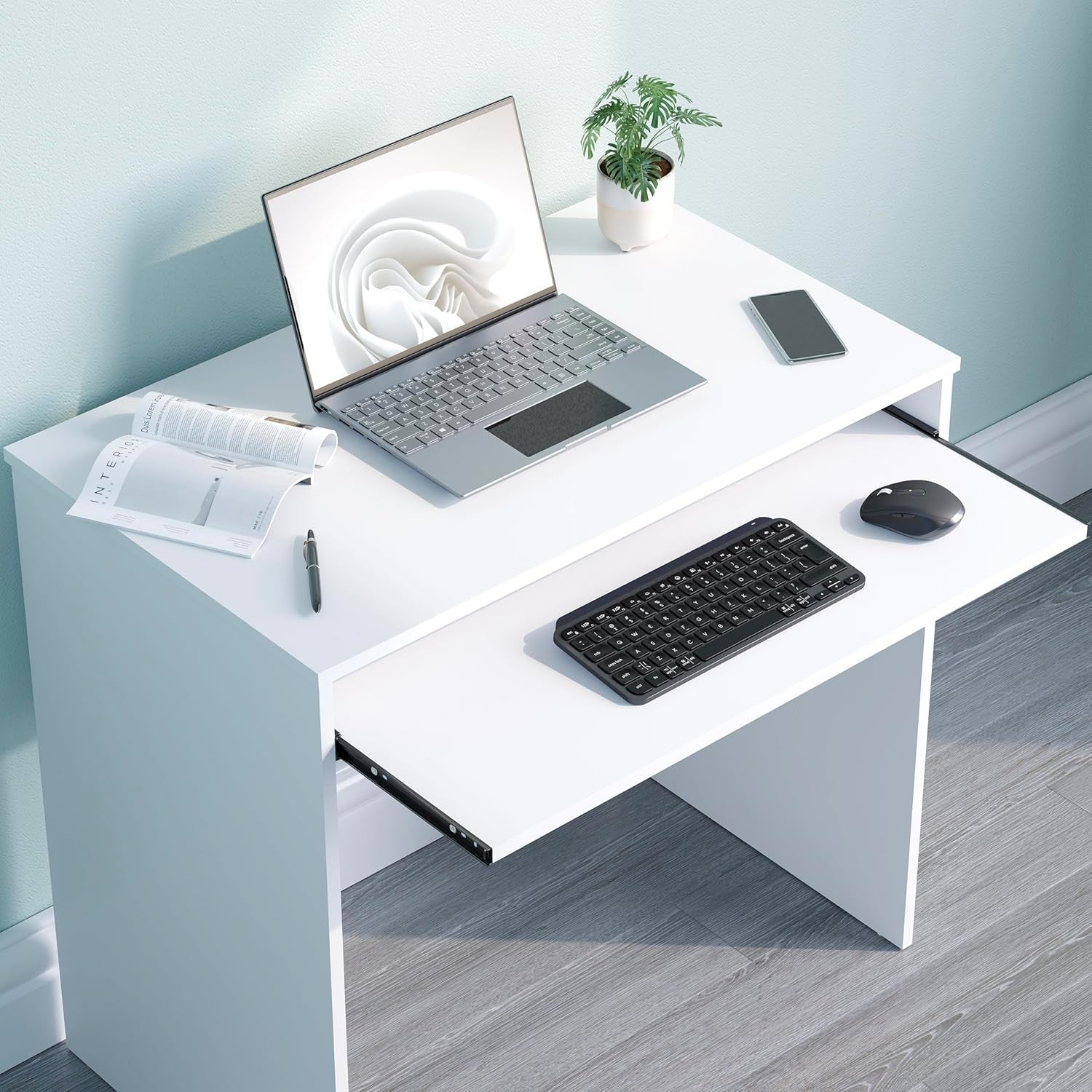 Small Computer Desk with Keyboard Tray Compact PC Laptop Table White