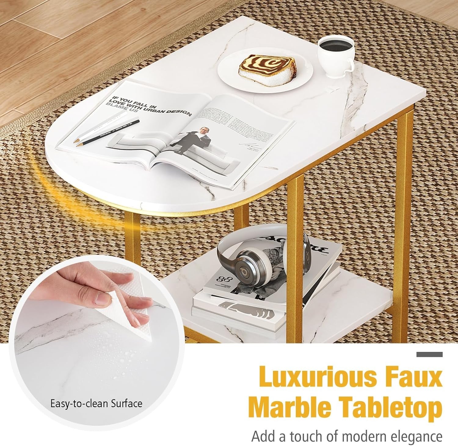 Modern Faux Marble C-Shaped Side Table with Storage Shelf – White & Gold Nightst