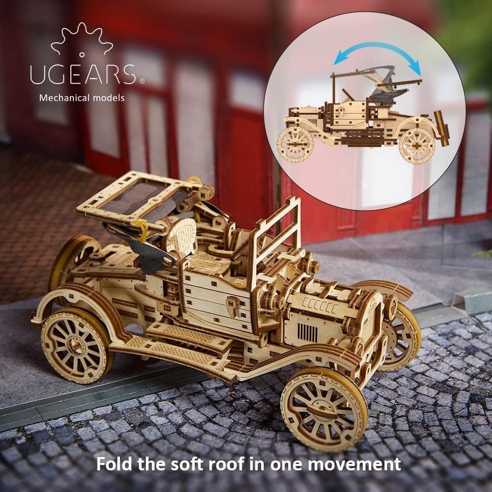 Vintage 3D Wooden Model Car Kit with Folding Roof & Working Engine Puzzle