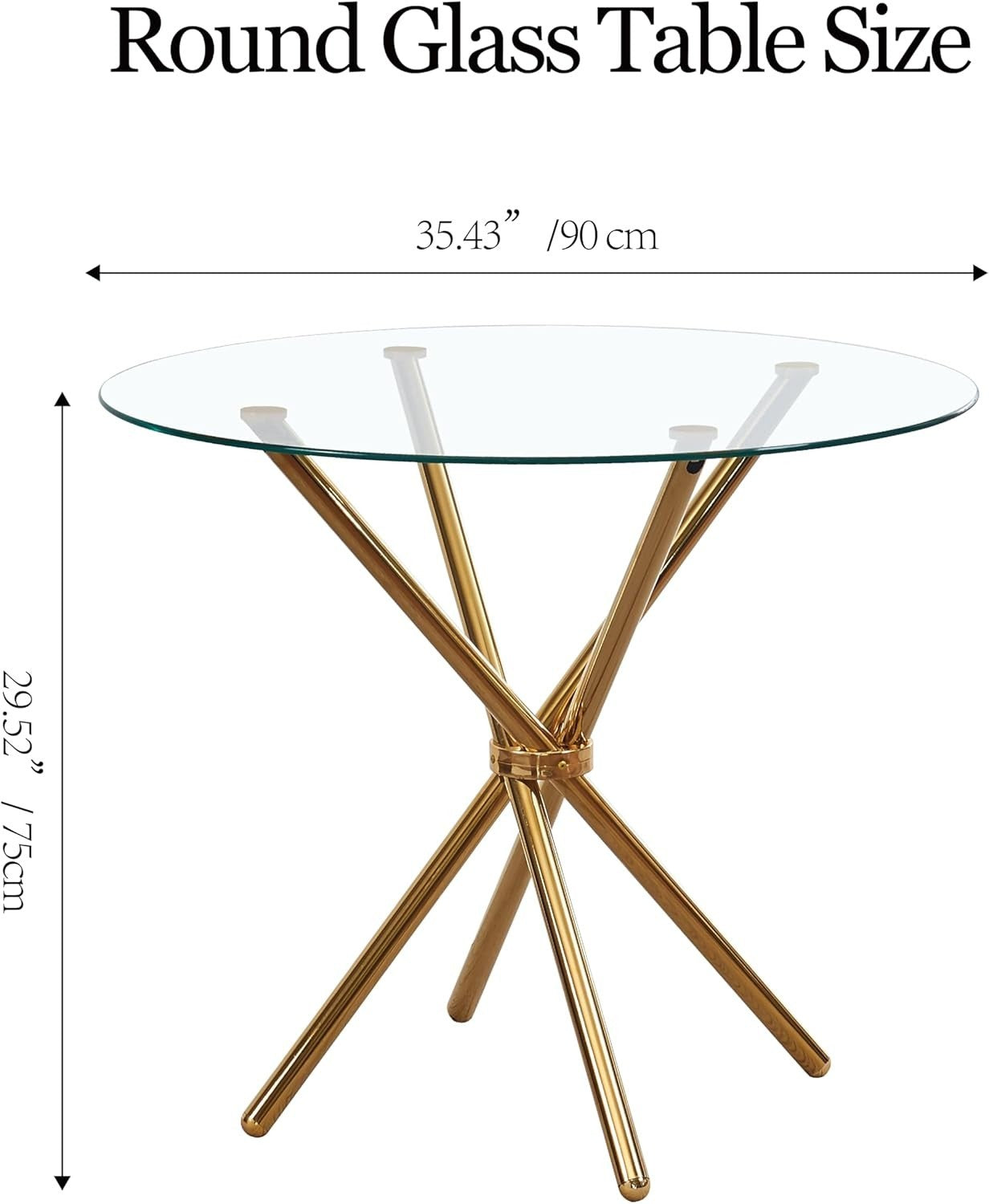 Glass Dining Table Set for 4 Gold Legs Modern Kitchen Small Space 90cm